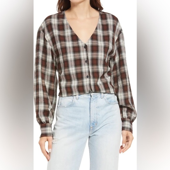 NWT Treasure & Bond Plaid V-Neck Button-Up Shirt Brown Ivory Plaid Long Sleeve L - Picture 3 of 13